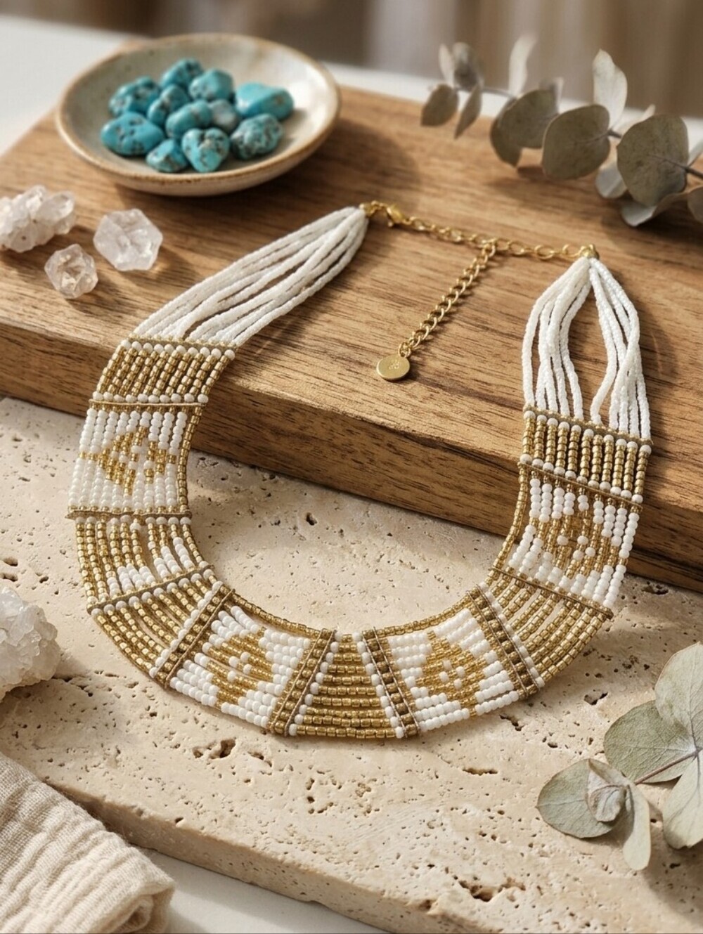Beaded Statement Necklace in White & Gold